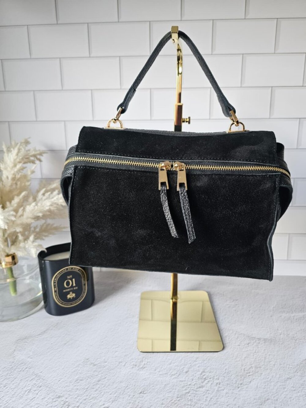 Italian Black Soft Suede Top Handle Bag Genuine Leather Crossbody